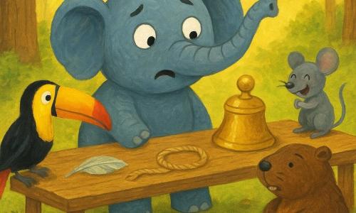 Ein runder, junger Elefant mit grau-blau strukturierter Haut hebt perplex den Rüssel und schnuppert vergeblich; links auf dem Tischrand steht ein farbenprächtiger Tukan (schwarz, gelb, rot) und blickt mit langem Schnabel in die Ferne, rechts sitzt ein gedrungener Braunbiber, der nachdenklich mit dem Schwanz tippt, und auf der Ecke hockt eine graue Maus mit großen Ohren, die sich den Bauch haltend lacht; die sonnige Lichtung mit rauen Baumstämmen, grün bedecktem Boden und kleinen Pilzen zeigt in der Mitte einen abgenutzten Holztisch mit einer glänzenden Keksdose neben einem handgeschriebenen Schild, auf dem Tisch liegen drei Hinweise—eine funkelnde Feder, ein nasses Seil spiralförmig gelegt und ein kleines Glas mit der Aufschrift Duft-Ersatz—gezeichnet in kräftiger Gouache-Palette, sichtbaren Pinseltexturen, warmer Stimmung und klaren, überzeichneten Gesten.