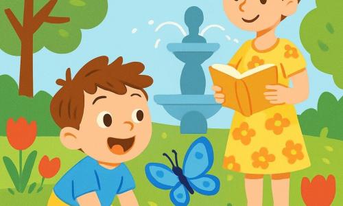 Un bambino di 2 anni, con capelli castani disordinati e un grande sorriso gioioso, è accovacciato in un giardino pieno di fiori. Indossa una maglietta blu e pantaloni corti gialli, i suoi occhi brillano di meraviglia mentre osserva una bella farfalla azzurra che vola intorno a lui. Vicino a lui, sua madre, una donna di circa trent'anni con capelli castani raccolti in un chignon, sorride teneramente guardando il figlio giocare. È in piedi vicino a una fontana, indossando un vestito leggero a fiori, e tiene un libro tra le mani. Il giardino è un vero quadro primaverile, pieno di tulipani rossi, margherite gialle e un'erba verde brillante. La luce del sole filtra tra le foglie degli alberi, creando ombre danzanti sul terreno. In questa scena, il bambino è affascinato dalla farfalla azzurra che si posa su un fiore, mentre la madre lo osserva con tenerezza, circondati dalla bellezza colorata del giardino primaverile.