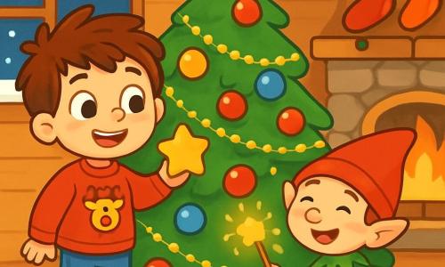 Un ragazzo di 6 anni, con capelli castani in disordine e occhi pieni di curiosità, si trova davanti a un grande albero di Natale decorato con ghirlande scintillanti e palline colorate. Indossa un maglione rosso con un motivo di renna e jeans, mostrando un sorriso meravigliato. Accanto a lui, un folletto burlone, piccolo e vivace, con un cappello rosso a punta e orecchie a punta, ride tenendo una bacchetta magica che brilla. La scena si svolge in un salotto accogliente, con pareti in legno e un camino in pietra dove arde un fuoco. Calze di Natale sono appese sopra il camino, e fiocchi di neve cadono dolcemente all'esterno. Il ragazzo e il folletto decorano l'albero con stelle di carta e ghirlande scintillanti, creando un'atmosfera gioiosa e magica.