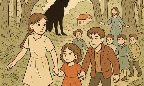 Ragazza di 10 anni coraggiosa ma prudente, viso concentrato, occhi nocciola, capelli castani a treccia, veste semplice e stivali sporchi, conduce un gruppo di bambini mano nella mano lungo un sentiero verso la luce di una radura; ragazzo di ~13 anni con giacca strappata la segue, ragazza di 8 anni coi capelli ricci stringe la mano della guida; piccolo gruppo di bimbi (6–11 anni) vestiti da villaggio, espressioni tra paura e sollievo; maestra adulta (30–40 anni) ad accoglierli ai margini della radura, vicino a una casa col tetto rosso; grande lupo scuro slanciato osserva tra due querce; foresta densa con tronchi nodosi, rami a volta e tappeto di felci e muschio; composizione centrata, forti contrasti luci/ombre.
