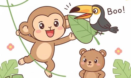 A light-brown monkey with small round ears, big shiny eyes and a joyful, playful smile swings on a green vine reaching forward as a colorful toucan with a large orange-yellow beak, black feathers and a white chest pops out at face height shouting Boo!, while a small soft-furred brown bear with a rounded silhouette and curious gaze stands back on the jungle floor with paws on hips observing; the bright, simple jungle has stylized large green leaves, thin vines, a few pink flowers and a large yellow sun top-right — a centered, joyful hide-and-seek moment with surprised, laughing expressions, bold outlines, rounded shapes and vivid colors.