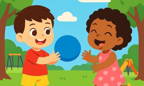 A 4-year-old boy named Leo, with brown hair and sparkling eyes, joyfully smiles while holding a blue balloon. He wears a red t-shirt and yellow shorts, standing on the green grass of the park. Next to him, a 4-year-old girl named Maya, with curly hair and caramel skin, laughs as she runs to catch the balloon Leo just threw. The park is filled with tall trees with green leaves, and the sky is bright blue with a few fluffy white clouds. In the background, there is a swing and a colorful slide. In this scene, Leo and Maya are playing together, sharing laughter and joy, illustrating friendship and diversity.
