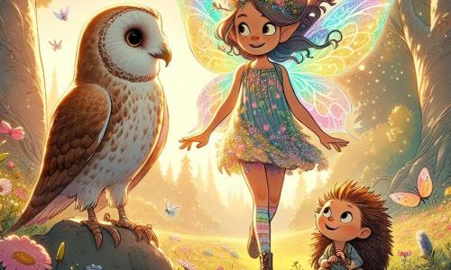 In a sunny clearing of Glimmerwood, a young pixie named Lila, with shimmering rainbow-colored wings, shows deep determination on her face. She is small, with long wavy hair and a dress made of flower petals, standing on a stone and pointing towards a group of friends gathered around her. Beside her, Ollie, the wise owl with brown feathers and big round eyes, watches Lila closely, his expression full of wisdom and encouragement. He perches on a low branch, ready to support his friend in her quest. A small hedgehog named Pip, with messy spines and grateful bright eyes, stands near Lila, listening intently to her words. His face shows hope as he sits on the grass surrounded by colorful flowers. The location is a lush clearing bathed in golden light, with majestic trees and vibrant flowers dancing in the breeze. A sparkling stream nearby adds a touch of magic to the environment. The main scene shows Lila, Ollie, and Pip united in a moment of determination as they plan together how to restore the magic of Glimmerwood and help other creatures in need. Their expressions convey hope and solidarity, illustrating the power of friendship in the face of adversity.