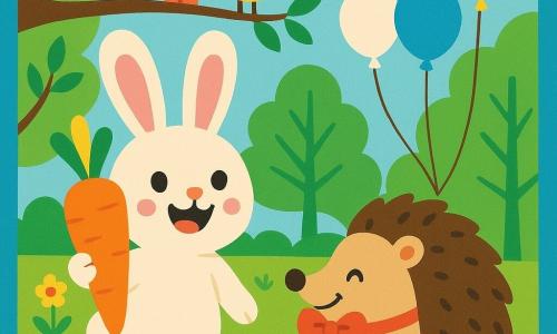 Ein kleiner weißer Hase mit langen rosa Ohren und flauschigem Fell, runde schelmische Augen und breites fröhliches Lächeln, hält im Vordergrund eine glänzende orange Karotte; daneben leicht zurückgesetzt ein rundlicher brauner Igel mit roter Schleife im Maul, konzentriert und fröhlich; links auf einem Ast drei bunte Vögel (blau, gelb, rot) mit klaren Federn, die kleine Geschenkpakete tragen; Hintergrund: sonnige Waldlichtung mit stilisierten grünen Bäumen, bunten Girlanden, pastellfarbenen Luftballons und Blumenboden; Szene: Vorbereitung einer Geburtstagsfeier, festliche helle Stimmung, breite kontrastreiche Formen, kräftige Farben und weiche Konturen, Ausdruck von Freude und Freundschaft.