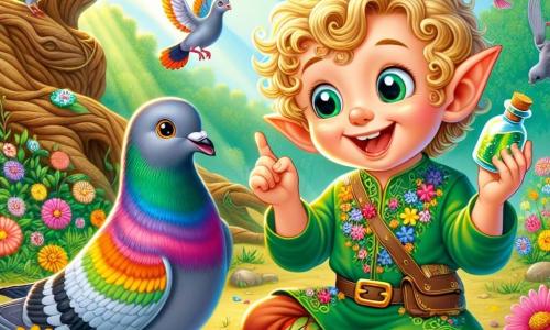 Un elf vesel, pe nume Elfi, se află în centrul imaginii. Are ochi mari strălucitori de fericire, păr blond creț și urechi ascuțite. Poartă o tunică verde împodobită cu flori colorate și zâmbește larg în timp ce ține o mică sticlă strălucitoare plină cu o poțiune magică. Lângă el, un porumbel pe nume Pluș, cu pene strălucitoare în toate culorile curcubeului, zboară vesel în jurul lui. Pluș are un aer jucăuș și pare pregătit să-și ajute prietenul elf. În fundal, Pădurea Minunată se întinde cât vezi cu ochii, cu copaci majestuoși și flori multicolore care dansează în vânt, iar razele de soare filtrează printre frunze, creând o atmosferă încântătoare. Scena îi arată pe Elfi și Pluș sărbătorind succesul poțiunii lor magice, înconjurați de plante care înfloresc strălucitor, în timp ce animale curioase, precum iepuri și păsări, îi observă cu uimire.
