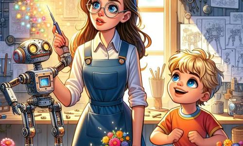 O tânără pe nume Elena, cu părul lung brunet și ochelari rotunzi, este concentrată pe construirea unui robot în atelierul ei colorat. Poartă o blouse de lucru albastră, iar fața ei exprimă concentrare și bucurie. Lângă ea, un băiat de 8 ani pe nume Andrei, cu părul blond și ochi curioși, observă cu uimire robotul care plantează flori. Atelierul este un loc magic, plin de unelte strălucitoare, schițe pe pereți și piese mecanice pe mese din lemn. Razele soarelui pătrund printr-o fereastră, iluminând spațiul cu o lumină caldă. Elena activează un comutator mic, iar robotul, cu brațe articulate și lumini intermitente, începe să se miște pentru a planta flori colorate în ghivece, creând o atmosferă de creativitate și aventură.