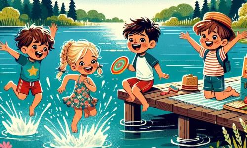 In einer sonnigen Umgebung am Ufer eines Sees sind vier Freunde versammelt, um ihre Sommerferien zu genießen. Lukas, ein 10-jähriger Junge mit zerzausten braunen Haaren und einem blauen T-Shirt, lacht, während er in das kristallklare Wasser springt und Spritzer hinterlässt. Neben ihm steht Mia, ein 9-jähriges Mädchen mit blonden Zöpfen und einem blumenbedruckten Badeanzug, die lächelt und einen bunten Frisbee in der Hand hält, bereit ihn zu werfen. Ben, ein 10-jähriger Junge mit Brille und roter Shorts, steht am Rand des Stegs mit erhobenen Armen, bereit ins Wasser zu springen. Schließlich sitzt Clara, ein 9-jähriges Mädchen mit braunen Haaren und einem Strohhut, auf einem Handtuch und schaut mit einem breiten Lächeln auf ihre Freunde, während sie ein Sandwich in der Hand hält. Der See funkelt in der Sonne, umgeben von grünen Bäumen und Wildblumen, was eine fröhliche und sommerliche Atmosphäre schafft. Enten schwimmen friedlich in der Nähe, und bunte Schmetterlinge fliegen um sie herum. Die Hauptsituation zeigt die vier Freunde, die gemeinsam Spaß haben, lachen und im Wasser spielen, was den unbeschwerten und fröhlichen Geist der Sommerferien symbolisiert.