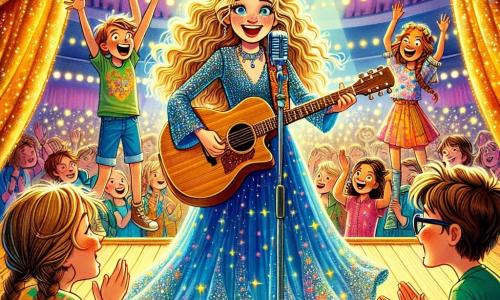 A young woman, Lily, stands on a bright stage, her face radiating joy and determination. She has long, wavy hair that shines like golden threads and wears a sparkling blue dress that glitters under the spotlight. She holds a wooden guitar, her fingers dancing on the strings, creating an enchanting melody. Beside her, a group of children, including a little girl named Mia, about 8 years old with braided brown hair and a bright smile, enthusiastically applauds. Mia wears a colorful t-shirt and denim shorts, her eyes sparkling with admiration for Lily. Another child, Jamie, a 9-year-old boy with glasses and messy hair, holds a sign that says "Bravo!" in large colorful letters, standing right in front of the stage. The venue is a large concert hall, with walls adorned with golden drapes and rows of seats filled with smiling spectators. The lights sparkle above the stage, creating a magical and festive atmosphere. The main scene shows Lily singing passionately, surrounded by the joyful energy of the children cheering her on, filling the air with music and happiness.