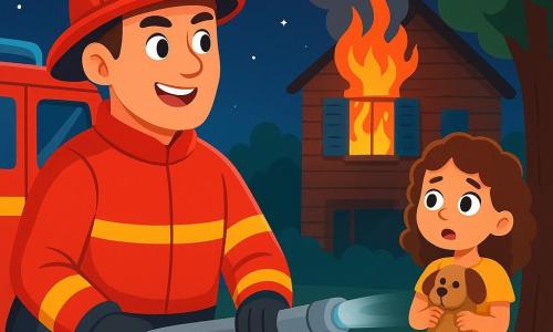 Un bombero hombre, de unos treinta años, con un uniforme rojo brillante y un casco reluciente, está de pie junto a su camión de bomberos. Su rostro expresa determinación y emoción, sus ojos brillan de adrenalina mientras mira hacia la casa en llamas. Cerca, una niña de 7 años, con cabello rizado y un vestido amarillo, observa con ojos muy abiertos, sosteniendo un peluche en forma de perro contra ella. Está fascinada y un poco preocupada, resguardándose detrás de un árbol, a salvo. La escena se desarrolla frente a una casa de madera con contraventanas azules, que emite humo negro. Las llamas bailan a través de una ventana, iluminando la oscura y estrellada noche. La situación principal muestra al bombero listo para intervenir, con una manguera en las manos, mientras la niña observa, esperando que todo salga bien.