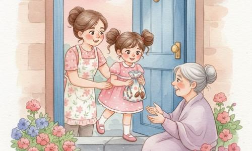 O fetiță de 8 ani, veselă și timidă, cu părul brun în două cozi, ochi alunați strălucitori, într-o rochiță roz cu buline albe, ține delicat un săculeț colorat cu o brățară și două curmale, stând în vârful picioarelor în fața unei uși de lemn; mama ei (≈35 ani), zâmbitoare, cu părul prins în coc și un șorț cu flori, o sprijină ușor pe umăr din stânga; o vecină în vârstă (≈70 ani), așezată lângă ușă, cu părul gri prins lejer și o pătură mov pe genunchi, îi întinde mâna recunoscătoare pentru săculeț; scena are loc în fața intrării unui bloc primitor, cu o ușă albastră, treaptă din piatră, ghivece cu flori și lumina blândă a amurgului, atmosferă caldă și intimă, paletă pastelată și texturi acuarelă.