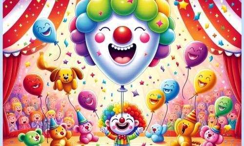 Kolorowy balon z uśmiechniętą twarzą i błyszczącymi oczami unosi się w powietrzu, otoczony balonami w kształcie zwierząt. Tańczy i wiruje, pokazując swoje entuzjazm i determinację, by zostać artystą cyrkowym. Obok niego wesoły klaun z dużym czerwonym nosem i kolorowymi, rozczochranymi włosami głośno się śmieje, trzymając balon w kształcie psa, dodając magii do sceny. Miejsce to tętniący życiem cyrk z pasiastymi namiotami w czerwono-białe paski, migoczącymi światłami i zachwyconymi widzami, którzy biją brawo. W powietrzu unoszą się konfetti, tworząc radosną atmosferę. Główna sytuacja ukazuje balon i klauna przygotowujących przedstawienie, otoczonych kolorowymi balonami, gotowych oczarować publiczność swoim pełnym śmiechu i niespodzianek występem.