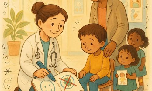La doctora Clara, sonriente y amable, arrodillada con bata blanca y cabello recogido en moño, sostiene un lápiz azul grande y un cuaderno de dibujos en las rodillas; un niño de 5 años, tímido y curioso, pelo corto castaño, juega con el lápiz y dibuja una garganta sonriente y un pequeño monstruo verde mientras está sentado en una sillita junto a la doctora y sujeta la mano de su madre; la madre, de 30–35 años, cabello largo recogido y abrigo ligero, está detrás con la mano en el hombro y sonrisa tranquilizadora; al fondo dos niñas (6 y 4 años) muestran un dibujo, una con rodillera y una tirita en forma de estrella en la pierna; el pasillo del centro de salud es luminoso, suelo de baldosa clara, rayos de sol por una gran ventana, paredes pastel con carteles de prevención y dibujos de niños, una planta en maceta y un cartel reparado; escena principal: la doctora calma el miedo del niño dibujando juntas, ambiente dulce, colorido y reconfortante, gestos tranquilos, expresiones relajadas, dibujos ingenuos y el monstruo verde tachado con una cruz roja.