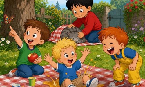Er zijn vier kinderen: Tim, jongen van ~6 jaar met warrig blond haar en blauw T‑shirt, zit in het midden in een klein plasje sinaasappelsap, handen omhoog en verbaasd maar lachend; Sam, jongen ~6 jaar met kort bruin haar en groen hemd, links van Tim, houdt een grote rode appel vast en wijst naar een vlinder; Max, jongen ~7 jaar met rood haar en gele tuinbroek, rechts van Tim, voorovergebogen en schaterlachend met een omgevallen blikje bij zijn voeten; Joep, jongen ~6 jaar met zwart haar en rood sweatshirt, knielt achter de groep en aait een grijze poes die onder een deken sliep. Locatie: een zonnig tuinhoekje met dicht groen gras en kleine witte madeliefjes, een grote eik links, een rood‑wit geruite picknickdeken, stapel stenen, kartonnen bekers en kruimels verspreid. Hoofdscene: een vrolijke picknick waarbij de deken beweegt, de poes verschijnt, een kind in een plas sap is gevallen en de anderen lachen, felle kleuren, zachte ronde vormen en een grappige, warme sfeer met de vier vrienden en de fonkelende plas centraal.