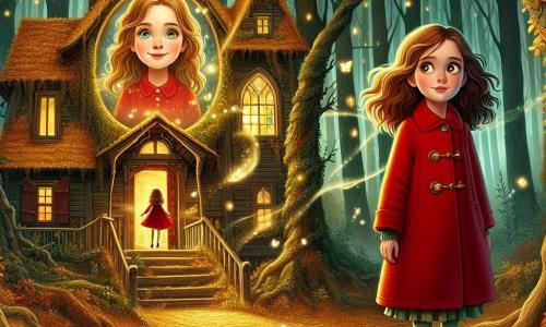 Clara, una niña de 12 años con cabello castaño ondulado y ojos llenos de curiosidad, se encuentra frente a una vieja casa misteriosa en el corazón de un bosque. Lleva un abrigo rojo brillante que contrasta con las hojas doradas y marrones en el suelo, y su rostro expresa tanto miedo como emoción. Dentro de la casa, el reflejo de una niña rubia con ojos brillantes, representando el espíritu del espejo, sonríe suavemente a Clara, rodeada de luces centelleantes y recuerdos flotantes como burbujas de jabón. El lugar es un bosque denso, con árboles de troncos retorcidos y ramas entrelazadas que crean un techo de follaje. La casa, de madera antigua, está cubierta de hiedra y tiene ventanas rotas que dejan entrever sombras misteriosas en su interior. La situación principal muestra a Clara, indecisa pero decidida, frente a la puerta de la casa, lista para entrar y descubrir los secretos que esconde, mientras el reflejo del espíritu en el espejo la anima con una sonrisa benevolente.