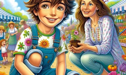 Un ragazzo di 12 anni, di nome Filippo, è al centro dell'immagine, con un grande sorriso sul volto. Ha i capelli castani disordinati, occhi pieni di curiosità e indossa una maglietta colorata con un motivo floreale e pantaloni corti di denim. È accucciato, con le mani piene di terra, mentre pianta semi in un piccolo giardino soleggiato. Accanto a lui, sua madre, una donna di circa 35 anni con lunghi capelli castani e un sorriso caloroso, lo incoraggia con uno sguardo orgoglioso. Indossa una camicia leggera e un cappello di paglia per proteggersi dal sole, tenendo una piccola pala in una mano. Sullo sfondo, il mercato di primavera è vivace, con bancarelle colorate piene di fiori vivaci, frutta succosa e dolci. I bambini giocano e ridono, mentre gli adulti chiacchierano allegramente. Il cielo è di un blu brillante, punteggiato da alcune nuvole bianche e soffici. La scena principale mostra Filippo mentre semina semi, simboleggiando la speranza e il rinnovamento della stagione primaverile, circondato dalla bellezza vibrante del mercato e dall'amore di sua madre.