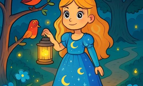 La principessa Lira, una ragazza di circa 12 anni, ha lunghi capelli ondulati color oro e occhi brillanti come stelle. Indossa un vestito blu scintillante, decorato con motivi di lune e stelle, e il suo viso esprime una dolce e coraggiosa determinazione. Si trova al centro di un sentiero forestale, tenendo una lanterna magica che emette una luce calda. Accanto a lei, un usignolo dai piumaggi brillanti canta gioiosamente, posato su un ramo, portando vita alla scena. Un po' più in là, si erge la silhouette di una maestosa quercia, le cui foglie frusciano dolcemente al vento. Il luogo è una foresta incantata, con alberi dai tronchi argentati e fiori luminosi che brillano nell'oscurità. Lucciole danzano attorno a loro, creando un'atmosfera magica e misteriosa. La situazione principale mostra Lira, determinata a scegliere il giusto cammino per ritrovare l'armonia tra le due lune, mentre scruta il sentiero che si divide davanti a lei, il cuore che batte d'eccitazione e apprensione.