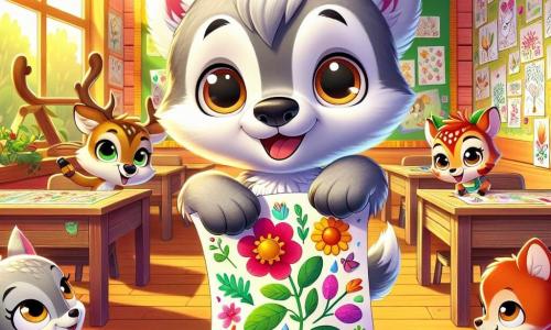 Un pequeño lobo llamado Lupo, con un suave pelaje gris y ojos brillantes de curiosidad, se encuentra en el centro de la imagen, con una sonrisa nerviosa en el rostro, sosteniendo una gran hoja de papel de colores con dibujos de flores y árboles. A su derecha, Rolo, un pequeño ciervo de grandes ojos marrones y manchas blancas, salta de alegría, mostrando una amplia sonrisa mientras sostiene un lápiz en su pata, listo para dibujar. A la izquierda, Ana, una pequeña ardilla de pelaje rojizo y ojos chispeantes, mira a Lupo con admiración, sosteniendo un cuaderno de bocetos, llena de entusiasmo. El escenario es un aula de madera, luminosa y colorida, con paredes decoradas con dibujos de animales y plantas, ventanas que dejan entrar la luz del sol, y escritorios de madera donde otros animales esperan, impacientes. La escena muestra a Lupo, Rolo y Ana preparándose para su primera presentación en la escuela, rodeados de compañeros, todos emocionados y listos para compartir sus creaciones artísticas.