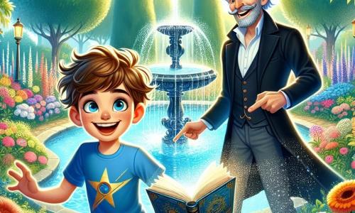 Un ragazzo di 10 anni, di nome Marco, si trova al centro dell'immagine, con capelli castani in disordine e occhi brillanti di curiosità. Indossa una t-shirt blu con un motivo di razzo e un pantaloncino di jeans, e il suo viso esprime grande eccitazione mentre tiene un libro antico dalla copertina blu, scoprendo un tesoro nascosto. Accanto a lui c'è Henri, un uomo misterioso di circa 40 anni, con un cappello a cilindro nero e un lungo cappotto, che sorride benevolmente mentre indica la fontana scintillante dietro di loro. Il contesto è un giardino parigino incantevole, pieno di fiori colorati, grandi alberi verdi e una fontana in pietra al centro, da cui sgorga acqua chiara e scintillante. La luce del sole filtra tra le foglie, creando un'atmosfera magica. La scena principale mostra Marco e Henri intenti a risolvere un indovinello davanti alla fontana, con spruzzi d'acqua che danzano attorno a loro, simboleggiando l'avventura e la scoperta che li attendono.