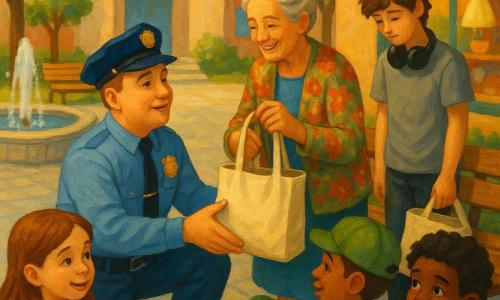 The central figure is a male police officer in his forties, round-faced, clean light-blue uniform and shiny badge, kneeling to hand a tote bag to an elderly woman in her mid-sixties with gray hair in a bun and a floral cardigan, both near a bench; a teenage boy of about 16 with headphones around his neck and a gray T‑shirt stands slightly back, head lowered and embarrassed, the tote bag nearby; three children (a girl ~8 in a purple jacket, a boy ~8 in a green cap, and a curly-haired boy ~7) watch from the side with wide eyes and shy smiles holding colorful stickers; the scene is outside a community center with light wooden benches, a round fountain with gentle splashes, gray paving, green trees and a cozy corner shop in the background, bathed in golden morning light with saturated colors and visible acrylic-paint textures, calm gestures and a reassuring, orderly atmosphere.