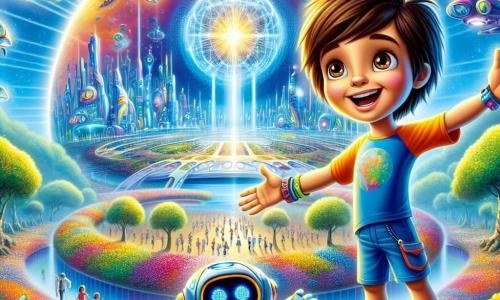 Leo, un giovane ragazzo dai capelli castani e dagli occhi brillanti di curiosità, si trova al centro dell'immagine con un grande sorriso sul volto e le braccia aperte come se stesse accogliendo una nuova avventura. Indossa una maglietta colorata e pantaloni corti, ed è circondato da una luce brillante che evoca il viaggio nel tempo. Accanto a lui, Zippy, una creatura robotica dalle forme arrotondate e dagli occhi luminosi, mostra un'espressione gioiosa e incoraggiante. Zippy è coperto di colori vivaci, con dettagli scintillanti che riflettono la tecnologia futuristica, e indica un paesaggio affascinante. Lo sfondo è un incantevole mix della città di Cielo Blu, con edifici futuristici dai colori vivaci, alberi con foglie blu intenso e veicoli volanti che attraversano il cielo. In lontananza, un grande parco pieno di bambini che giocano e ridono, circondato da fiori multicolori. La scena principale mostra Leo e Zippy che discutono con un gruppo di fondatori della città, che sembrano intrigati e attenti. Leo spiega con passione l'importanza di proteggere la natura, mentre Zippy lo incoraggia con un gesto amichevole, creando un'atmosfera di scambio e scoperta.