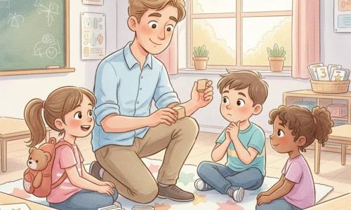 A kind-faced male teacher with gentle eyes, sleeves rolled, light chestnut tousled hair, crouched by a colorful star-patterned rug, holding wooden counting cubes and gently showing how to count; he radiates patience and warmth. To his left, Mia (about 6) with a ponytail and teddy backpack sits with hands on the cubes, beaming with pride. Facing him, Leo (about 6) with short hair and freckles taps his chin in concentration. To the right, Tessa (about 6) with curly hair, slightly flushed but smiling, watches the teacher's fingers count groups. The classroom has light wood tables, a basket of numbered cards with gold stars, stacked wooden cubes, a large window with soft morning light and a blackboard with doodles. The scene is a calm, warm moment of slow, pedagogical gestures, a serene reassuring atmosphere, pastel watercolor colors, soft textures, light shadows and delicate outlines.