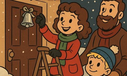 A 12-year-old girl named Lily stands in front of a snowy front door, holding onto a small ladder. She has curly brown hair and wears a bright red coat with a green wool scarf. Her face beams with joy and concentration as she hangs a sparkling silver bell on the door. Next to Lily, her 7-year-old brother Ben watches in admiration. He has tousled blond hair and wears a blue hat with a white pompom. Behind them, their father, a man around 40 with a brown beard, holds the ladder steady. The scene takes place in front of a cozy house covered in snow, with multicolored lights softly glowing. The night is clear, with snowflakes gently falling around them, creating a magical and festive atmosphere.
