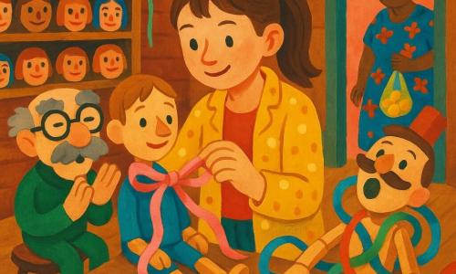 A 12-year-old girl with curious eyes and a focused smile, chestnut hair in a ponytail and a yellow polka-dot jacket, delicately ties a pink ribbon into a shiny 