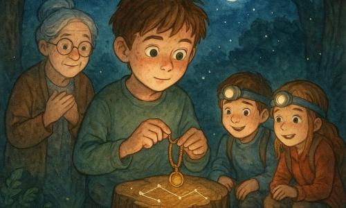 A 10-year-old boy, Oliver, freckled with tousled brown hair and wide green eyes, carefully fits an ancient golden necklace into a constellation-shaped groove on a tree stump while Mrs. Maple, a gentle 65-year-old librarian with gray hair in a bun and round glasses, stands slightly left with hands to her chest, and two child friends (a 10-year-old boy and a 9-year-old girl) crouch to the right with headlamps on the ground, excited and muddy; the night clearing is ringed by gnarled trees, ferns and glowing mushrooms, fireflies float beneath a starry opening, warm headlamp light mixes with cool moonlight, watercolor textures with white gel-pen highlights on the necklace and stars, creating a magical, intimate, peaceful moment.