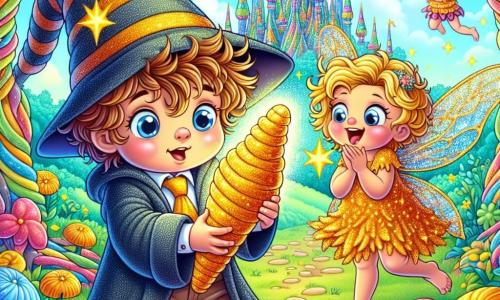In the center of the image, a young apprentice wizard named Wilbur, with curly, tousled hair, wears an oversized wizard robe. He has a look of wonder and slight worry, holding a shimmering golden carrot in his small hands. Beside him, a mischievous little fairy named Twinkle, with sparkling wings and a dress made of flower petals, joyfully flies around him, laughing and encouraging him. The setting is an enchanted forest filled with colorful tree trunks and flowers dancing in the breeze, while candy-shaped clouds float in a bright blue sky. In the background, a majestic tower adorned with shining stars stands, representing the home of the Grand Wizard. The main scene shows Wilbur and Twinkle just after finding the golden carrot, ready to return to the Grand Wizard's castle to restore Wilbur's human form, surrounded by sparkling magic and laughter.