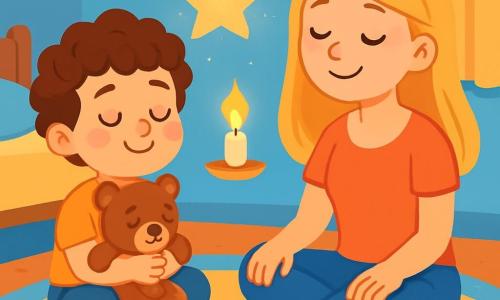 A 4-year-old boy named Lucas, with curly brown hair and bright, curious eyes, is sitting cross-legged on a soft, plush carpet. He has a serene smile on his face, slightly rosy cheeks, and is holding his teddy bear close, breathing deeply with a calm expression. Next to him, his mother, a woman in her thirties with long blonde hair, sits facing him with her hands resting on her knees, smiling tenderly, creating a warm and comforting atmosphere. The setting is a soft and welcoming room with pastel blue walls, golden stars sparkling on the ceiling, and a gentle light emanating from a magical candle floating in the air. Colorful cushions are scattered around them, adding to the calm and relaxing ambiance. The main scene shows Lucas and his mother breathing together with their eyes closed, while a sparkling star floats above them, illuminating the scene with a soft and soothing light.