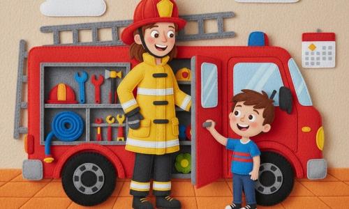 A smiling, confident female firefighter in a shiny red helmet and yellow reflective felt jacket stands warm and upright with her hands on the fire truck door while five-year-old Timmy, short brown hair and an amazed joyful expression, rests his small hand on the handle beside her; a large bright red truck with round black felt wheels, a visible gray ladder and coiled blue hose has its doors open showing colorful tools inside, set in a fire station with simple orange tiled floor, light walls with cloud sketches and a felt calendar under soft warm light—the pair check the truck together in a collaborative, reassuring, joyful scene with bold contrasting colors and pronounced felt textures.