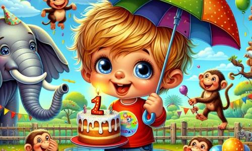 A one-year-old boy with messy blonde hair and big sparkling blue eyes stands in the center of the image, smiling enthusiastically. He wears a red t-shirt with a birthday cake drawn on it and a small colorful party hat. Next to him is a friendly, large gray elephant under a big umbrella, smiling warmly. It holds a plate of honey cake in its trunk, ready to share. A group of playful monkeys hangs from tree branches, laughing and throwing colorful balloons into the air, adding cheer to the scene. The setting is a vibrant zoo with animal enclosures in the background, lush trees, and bright flowers. A clear blue sky with a few white clouds completes the picture. The main scene shows the little boy surrounded by his animal friends, celebrating his birthday after the rain has just stopped, with a beautiful rainbow in the background. All the characters are joyful, singing and dancing together, creating a festive and happy atmosphere.