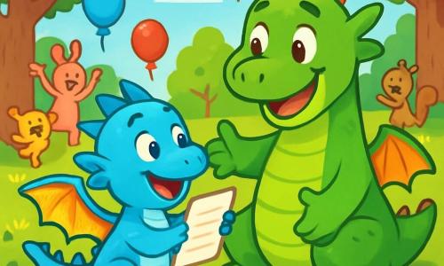 Flappy, a small dragon with bright blue scales and sparkling wings, is filled with excitement and joy. He holds a piece of paper in his small paws, on which is written a poem for his father, with a big smile on his face. Next to him, Biggle, a larger dragon with green scales and bright eyes, looks at Flappy with pride and love, his arms open for a hug. He is sitting on the soft grass of the park, surrounded by colorful flowers. The setting is a sunny park, filled with joyful creatures, majestic trees, floating balloons, and hanging flower garlands. Laughter and games are happening around them, creating a festive and warm atmosphere. The main scene shows Flappy proudly presenting his poem to his father, while other creatures look on with admiration, celebrating Father's Day in an atmosphere of happiness and love.