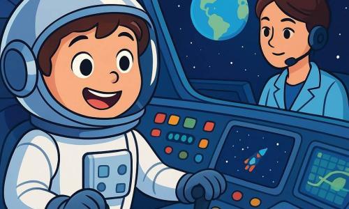 Um menino jovem, Lucas, de cerca de 10 anos, está sentado no cockpit de uma nave espacial. Ele usa um traje espacial branco brilhante e um capacete prateado que reflete as luzes do painel. Seu rosto expressa uma alegria radiante e uma excitação palpável, com os olhos brilhando de curiosidade. Ao seu lado, a voz de Camila, uma engenheira de cerca de 30 anos, ressoa em seu fone de ouvido. Ela tem cabelos castanhos presos em um coque e usa um jaleco azul, observando as telas de controle com concentração na sala de comando. O cockpit está cheio de botões coloridos, luzes piscantes e telas exibindo mapas do espaço. Do lado de fora, vê-se a Terra, uma linda esfera azul e verde, flutuando na imensidão negra do espaço, salpicada de estrelas cintilantes. A cena principal mostra Lucas pronto para decolar rumo ao desconhecido, com as mãos nos controles, o coração batendo de excitação, enquanto a contagem regressiva começa.