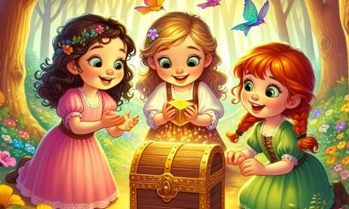Em uma clareira encantada, três meninas de três anos estão reunidas. Ana, com cabelos cacheados e um vestido rosa, segura uma pedra brilhante nas mãos, sorrindo. Bia, com cabelos loiros trançados e um vestido amarelo, observa maravilhada a pedra que sua amiga segura. Clara, com cabelos ruivos e um vestido verde, se aproxima do baú dourado no centro da clareira, com os olhos brilhando de excitação. A clareira é banhada por uma luz dourada, cercada por árvores majestosas e flores coloridas que dançam ao vento. Pássaros de plumagens vibrantes cantam alegremente, enquanto borboletas multicoloridas voam ao redor das meninas. As três amigas descobrem juntas um baú dourado misterioso, símbolo de sua amizade, e estão prestes a abrir o tesouro escondido dentro, ansiosas para descobrir o que a magia do Bosque Encantado lhes reserva.