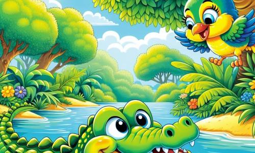 A friendly crocodile named Carl, with bright green skin and large round eyes full of curiosity, is in a sunny river, floating on his back with a joyful smile. Next to him, a small colorful bird named Bella, with yellow and blue feathers, is happily flying and pointing her beak towards the bottom of the river. The scene takes place in a lush jungle, with majestic trees and shiny green leaves, and colorful flowers lining the riverbanks. Carl and Bella are discovering a shiny object at the bottom of the water, while Carl is determinedly pushing a large rock to help his friend find her precious button.
