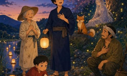 Haru to uśmiechnięty młody mężczyzna o błyszczących oczach i potarganych czarnych włosach, ubrany w prosty indygo kimono, trzymający małą papierową lampę i śpiewający nad rzeką; po jego lewej stoi około 70-letnia kobieta w plecionym słomkowym kapeluszu i kremowej, poplamionej robotą sukni, z dłońmi przy piersi; przed Haru stoi około 8-letni chłopiec w czerwonym ubranku, dmuchający na papierową łódeczkę; na prawej burcie kuca około 45-letni rybak z krótką brodą w khaki i butach, ręką przy piersi słuchający śpiewu; na kamieniu za Haru siedzi mały rudy kitsune o wachlarzowatym ogonie, patrzący figlarnie; w głębi pod wielkim starym drzewem siedzi tajemnicza kami — kobieta wyglądająca na około 300 lat z srebrnymi włosami, otoczona świetlikami; miejsce to spokojna brzegowa sceneria o zmierzchu z sitowiem, papierowymi lampionami dryfującymi jak małe księżyce, kwitnącymi sakurami, błękitnymi górami w tle, kamienistym brzegiem i pomarańczowymi odbiciami w wodzie — główna scena to wieczorna próba chóru podczas Obon: Haru śpiewa trzymając lampion, mieszkańcy i lis słuchają wzruszeni, lampiony wolno płyną po rzece, ciepła atmosfera i miękkie kontrasty.