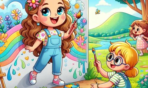 Un'artista donna di nome Sofia, con lunghi capelli ricci e occhi scintillanti, si trova di fronte a un grande muro bianco, dipingendo con passione un magnifico murale colorato. Sorride felicemente, le mani coperte di vernice, e usa un grande pennello per aggiungere tocchi di blu al cielo che sta creando. Accanto a lei, una bambina di nome Giulia, di circa 8 anni, con capelli biondi e un bel vestito a fiori, guarda con ammirazione il lavoro di Sofia, tenendo un piccolo pennello nella mano. Un ragazzo di nome Marco, di 9 anni, con occhiali e una maglietta a righe, è accovacciato vicino a un barattolo di vernice, mescolando colori per disegnare un grande albero sul muro. Il luogo è un parco soleggiato, circondato da colline verdi e fiori vivaci, con bambini che giocano in lontananza e uccelli che cantano sugli alberi. La scena principale mostra Sofia e i bambini che collaborano felicemente per creare un murale vibrante che rappresenta i loro sogni e la loro amicizia, riempiendo l'aria di risate e creatività.