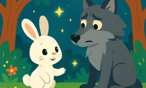 Ein kleiner Hase mit großen Ohren, weichem, weißem Fell und glänzenden, neugierigen Augen steht mutig im Mittelpunkt der Szene und schaut entschlossen den großen, bösen Wolf an. Der Wolf, groß und imposant, mit grauem Fell und durchdringenden Augen, wirkt überrascht und ein wenig traurig, sitzt auf seinen Hinterbeinen, die Ohren gesenkt, als würde er über seine Entscheidungen nachdenken. Um sie herum erstreckt sich ein wunderschöner verzauberter Wald, gefüllt mit bunten Blumen, die wie Sterne funkeln, majestätischen Bäumen mit dicken Stämmen und leuchtend grünen Blättern, während Glühwürmchen in der Luft tanzen und eine magische Atmosphäre schaffen. Die Hauptsituation zeigt den kleinen Hasen, der mutig dem Wolf anbietet, Freunde zu werden, während die funkelnden Blumen und die Glühwürmchen ihr Treffen erhellen und Wärme und Hoffnung in diesen unerwarteten Moment bringen.