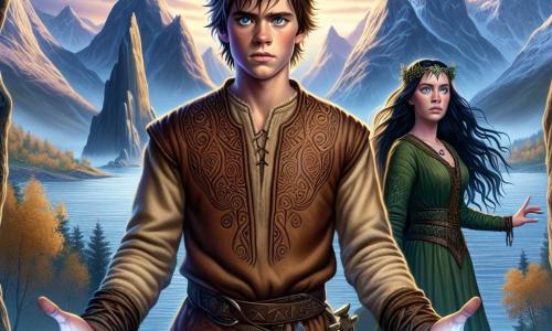 In the foreground, a young man named Erik, about 16 years old, stands determined on a cliff overlooking a majestic fjord. He has tousled brown hair, striking blue eyes, and wears a leather tunic adorned with ancient patterns. His face shows intense concentration and a glimmer of hope as he raises his arms to the sky, invoking mystical forces. Beside him, Freja, a woman in her thirties, is dressed in a green gown that blends with the surrounding nature. Her long black hair flows in the wind, and her gaze is wise and encouraging. She stands slightly back, hands raised, as if channeling the energy emanating from Erik. In the background, the landscape is spectacular: steep mountains with snowy peaks rise against a twilight sky, while majestic trees with golden leaves surround the scene, creating a magical and enchanting atmosphere. The main situation shows Erik invoking Jormungandr, the mythical serpent, whose gigantic shadow looms behind him, ready to emerge from the ocean depths. Lightning bursts around them, symbolizing the power of ancient magic awakening.