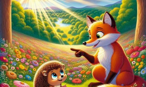 Ein kleiner Igel namens Henri, mit braunem Fell und neugierigen, funkelnden Augen, steht im Zentrum des Bildes und schaut staunend auf ein wunderschönes Feld bunter Blumen, das sich bis zum Horizont erstreckt. An seiner Seite ermutigt ihn ein schlauer Fuchs namens Felix, mit leuchtend orangefarbenem Fell und einem buschigen Schwanz, mit einem schelmischen Lächeln und zeigt auf eine funkelnde, magische Quelle in der Ferne. Im Hintergrund erhebt sich ein grüner Wald, gefüllt mit majestätischen Bäumen und strahlenden Blättern, während Sonnenstrahlen durch die Äste filtern und die Landschaft erhellen. Die Szene zeigt den Moment, in dem Henri und Felix das geheimnisvolle Tal entdecken, bereit für ein großes Abenteuer, um die Farben ihrer Welt zu retten.