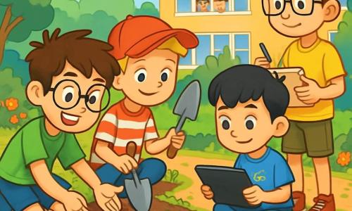 Há 4 crianças: - Miguel: um garoto de 10 anos, com cabelo castanho bagunçado e óculos redondos. Ele usa uma camiseta verde e um short azul, plantando sementes no chão com um grande sorriso. - João: um garoto de 10 anos, com cabelo loiro e sardas. Ele usa um boné vermelho e uma camiseta listrada, ao lado de Miguel, segurando uma pá e observando as sementes com curiosidade. - Lucas: um garoto de 10 anos, com cabelo preto e franja. Ele usa uma camiseta azul com desenho de robô, sentado em uma caixa de madeira, pesquisando informações sobre plantas em um tablet. - Tiago: um garoto de 10 anos, com cabelo castanho e óculos quadrados. Ele usa uma camiseta amarela e um short cáqui, de pé, segurando um caderno de esboços e desenhando a horta, com uma expressão concentrada. O local é uma escola cercada de verde, com um grande jardim ensolarado. No centro, há uma horta colorida com fileiras de terra marrom onde crescem jovens plantas verdes. Flores multicoloridas cercam o caminho e ferramentas de jardinagem estão espalhadas. Ao fundo, vê-se o prédio da escola com janelas abertas e crianças observando. A situação principal mostra as crianças trabalhando juntas na horta comunitária, felizes e entusiasmadas, cada uma cuidando de uma tarefa diferente, compartilhando risadas e conselhos, enquanto aprendem a respeitar e amar a natureza.