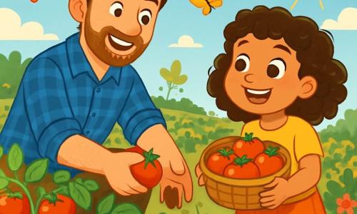 Un hombre, Lucas, de unos 30 años, sonriente y cálido, con cabello castaño y una barba ligera, está recogiendo tomates rojos brillantes en su jardín. Lleva una camisa de cuadros azul y pantalones de tela, sus manos están llenas de tierra, testimonio de su arduo trabajo. Cerca de él, una niña de 7 años, su hermana, con cabello rizado y ojos brillantes, lo ayuda sosteniendo una cesta llena de tomates, su rostro radiante de alegría y emoción. El jardín es vibrante, lleno de hileras de plantas verdes, flores coloridas y mariposas volando bajo un cielo azul claro. Al fondo, se ve un gran árbol sombreado, y el sol brilla suavemente, creando una atmósfera pacífica y cálida. Lucas y su hermana recogen tomates, riendo y compartiendo historias, mientras los pájaros cantan alegremente a su alrededor, ilustrando la belleza simple de la vida en la granja.