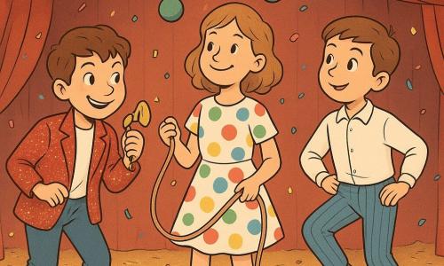 Il y a trois personnages principaux : Kuba, un garçon de 9 ans en marynarka rouge à paillettes, tient un klaxon brillant. Jaś, également 9 ans, porte un pantalon rayé et une chemise blanche, regarde Kuba avec curiosité. Zosia, 10 ans, au centre en robe à pois, tient une corde de jonglage. Ils sont sous un chapiteau de cirque avec des rideaux rouges et des lumières scintillantes. Le sol est couvert de copeaux de bois dorés. Les enfants répètent un numéro de cirque : Kuba souffle dans le klaxon, Jaś danse, et Zosia jongle. Des confettis colorés tombent autour d'eux, créant une ambiance joyeuse et magique.