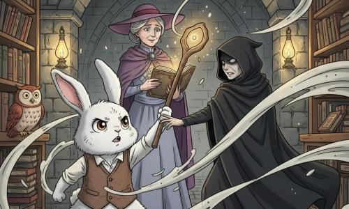 Un piccolo coniglio antropomorfo bianco, occhi grandi e lucenti, pelo soffice, giacca di tweed marrone, volto determinato, in posizione tesa con un bastoncino chiaro alzato mentre evoca un soffio di vento visibile come nastri d'aria traslucidi; dietro di lui una donna anziana elegante tipo custode/maga, capelli grigi raccolti, cappello a tesa larga e mantello porpora, espressione dolce ma preoccupata, tiene un libro antico aperto che emette una luce dorata; di fronte, a pochi passi, una figura incappucciata e oscura col mantello nero fluttuante, volto appena visibile nell'ombra e sguardo minaccioso, spinta in avanti dal soffio con le braccia sollevate; a sinistra un piccolo gufo saggio su una mensola di pietra, piume rossastre e occhi tondi stupiti osservano la scena; ambientazione in una biblioteca sotterranea antica con mura di pietra umida, archi bassi, scaffali di legno carichi di libri impolverati, lampade a olio che diffondono una luce calda, pergamene fluttuanti e vortici di polvere; situazione principale: drammatica conflitto magico — il coniglio scaglia un incantesimo di vento visibile (nastri d'aria e fogli che vorticano) per respingere la creatura incappucciata nella biblioteca segreta.