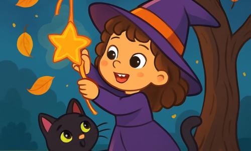 Uma menina de 6 anos, com grandes olhos brilhantes e cabelos cacheados, veste um traje de bruxa roxo com um chapéu pontudo. Ela tem um sorriso encantado e segura um laço laranja e dourado nas mãos. Ao seu lado, um gato preto com olhos verdes brilhantes esfrega-se em sua perna, olhando com curiosidade para o laço. Ao fundo, uma velha árvore com galhos retorcidos se ergue sob uma lua cheia, iluminando o parque com uma suave luz prateada. Folhas douradas caem ao seu redor, criando uma atmosfera mágica e acolhedora. A menina tenta pendurar o laço em um galho, cheia de empolgação e determinação, enquanto o gato observa atentamente, pronto para saltar.