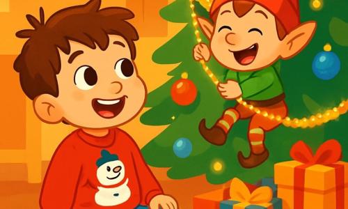 Um garoto de 4 anos, com cabelos castanhos bagunçados e olhos brilhantes de curiosidade, está sentado em um tapete macio. Ele usa um suéter vermelho com um boneco de neve sorridente e tem um grande sorriso maravilhado no rosto. Ao seu lado, um duende travesso, pequeno e sapeca, com um chapéu vermelho pontudo e orelhas pontudas, está pendurado em uma guirlanda cintilante, rindo alegremente. A cena acontece em uma sala acolhedora, decorada com um grande pinheiro de Natal iluminado, com bolas coloridas e guirlandas brilhantes. Presentes bem embrulhados estão espalhados ao redor da árvore, e uma suave luz dourada inunda o ambiente. O garoto observa o duende com admiração, enquanto o duende faz caretas e brinca com as decorações da árvore, criando uma atmosfera mágica e alegre de Natal.