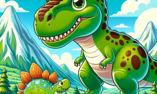 Un tânăr Tyrannosaurus Rex, cu un corp musculos și pielea verde presărată cu pete maronii, stă pe vârful unei coline, cu privirea uimită și determinată, pregătit să exploreze o lume nouă. Ochii săi strălucesc de excitație în timp ce scrutează orizontul. Lângă el, un Stegosaurus prietenos, cu plăcile dorsale colorate și coada spinoasă, îl încurajează cu un zâmbet liniștitor, stând ușor în spate, pregătit să-l urmeze în aventură. Peisajul este o vale verde vastă, înconjurată de munți majestuoși cu vârfuri acoperite de zăpadă, cu copaci uriași și flori strălucitoare care adaugă culoare scenei. Norii pufoși plutesc pe un cer albastru deschis, în timp ce păsări preistorice zboară deasupra lor. Situația principală îl arată pe Rexor, Tyrannosaurus, pregătit să se aventureze dincolo de munți, hotărât să descopere locuri necunoscute și să trăiască aventuri palpitante, în timp ce prietenul său Stego îl încurajează să facă primul pas.
