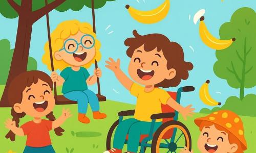 There are 4 children: Mia, a 6-year-old girl with brown braided hair wearing shiny red boots, standing on the grass with her arms raised and laughing; Lila, a 5-year-old girl with curly blonde hair and sparkling glasses, sitting on a swing and laughing heartily; Zoe, a 7-year-old girl with short hair and high energy, moving quickly in her colorful wheelchair, surrounded by bouncing bananas; and Tilly, a 6-year-old girl with red hair and a polka-dotted lucky hat, crouching to catch a bouncing banana on her hat. The setting is a sunny garden filled with colorful flowers, green trees, and a large lawn where bananas bounce joyfully. The main scene shows the four friends laughing and having fun as bright yellow bananas jump around them, creating a playful and absurd atmosphere.