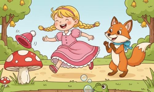 A joyful ~6-year-old princess with braided blonde hair in a pink ruffled dress chases a red pompom hat that hops onto a big mushroom and twirls by a pond; a friendly red fox with a blue ribbon stands on its hind legs applauding by the path, and a shy green frog with a yellow bow sits on a lily pad blowing bubbles; bright, vivid colors, rounded shapes, cute simple toddler style.